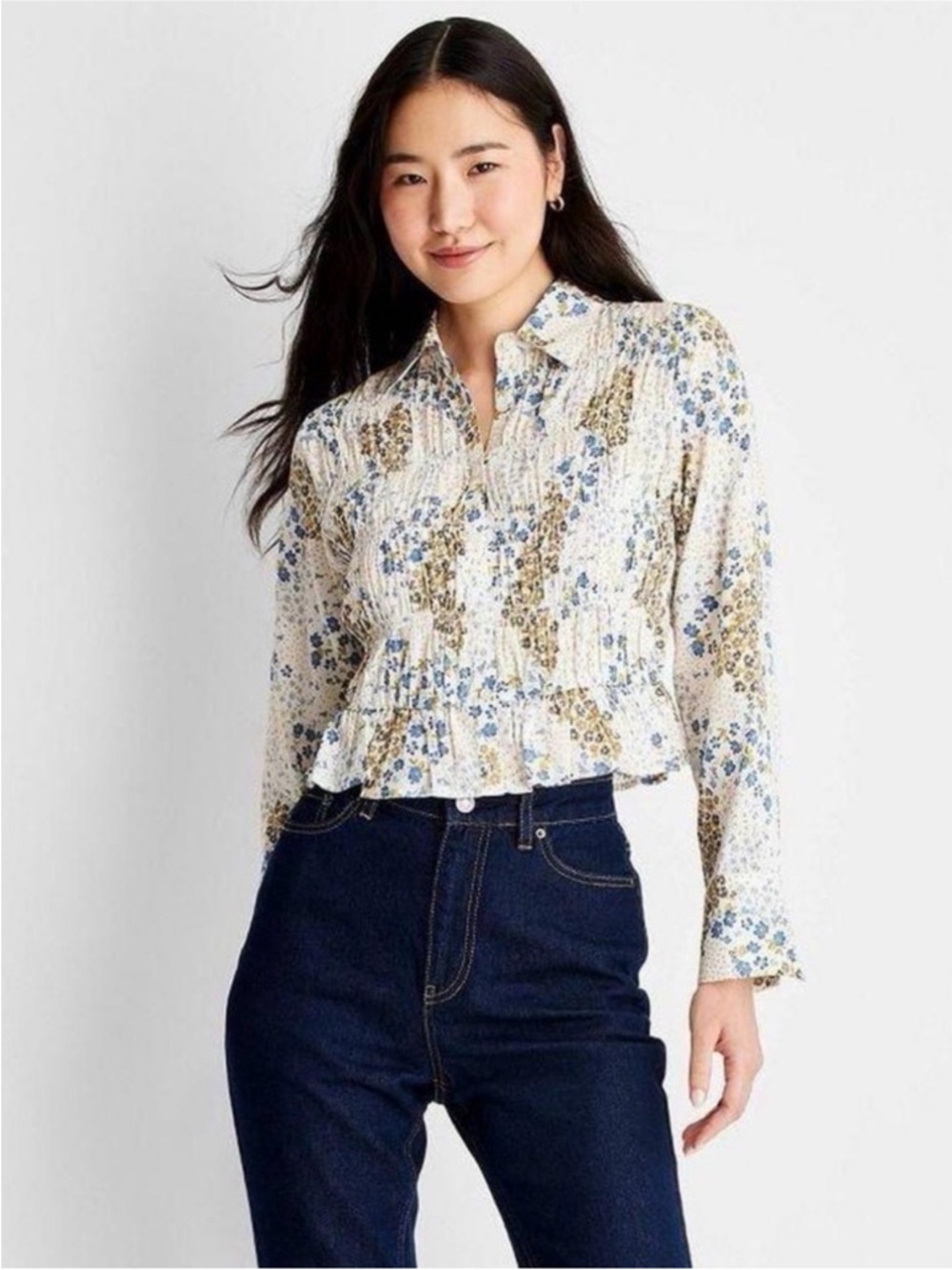 FUTURE COLLECTIVE By REECE BLUTSTEIN Cropped Smocked Peplum Top